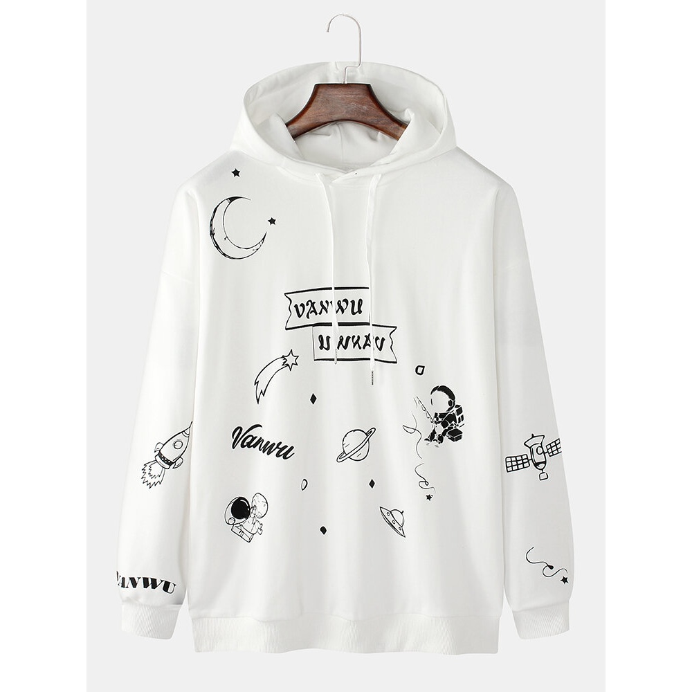 Mens Cute Cartoon Print Long Sleeve Casual Drawstring Hoodies - Black L