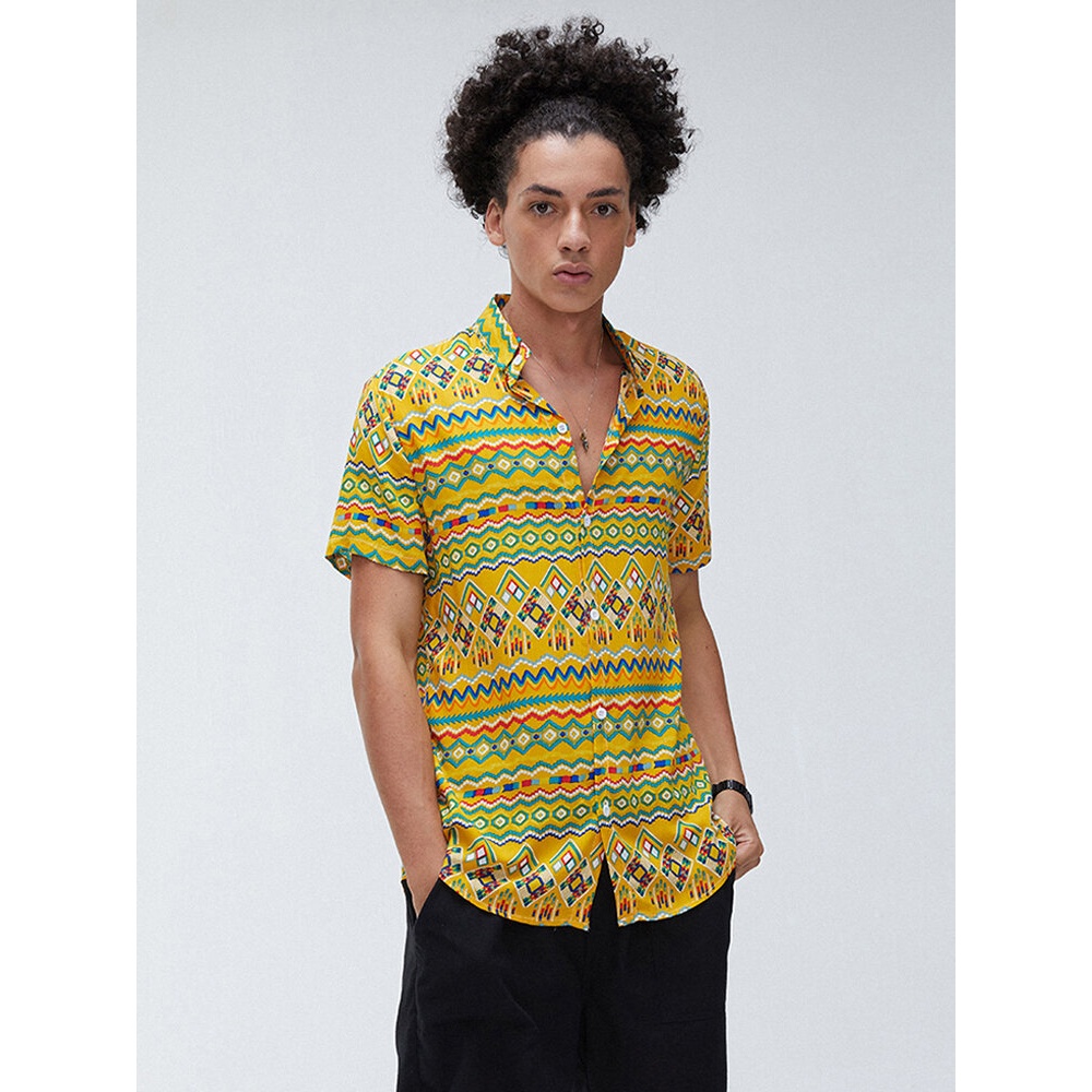 Mens Ethnic African Tribal Print Casual Lapel Short Sleeve Shirts - Navy S