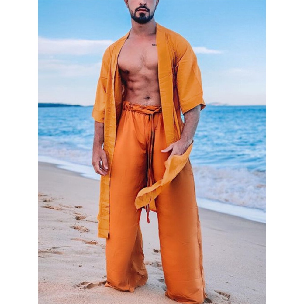 Mens Solid Open Front Side Split Casual Kaftan Longline Kimono - White XL