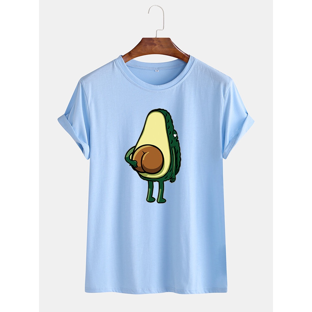 Mens Funny Cartoon Avocado Printed Casual O-Neck Short Sleeve T-Shirts - Light Blue S