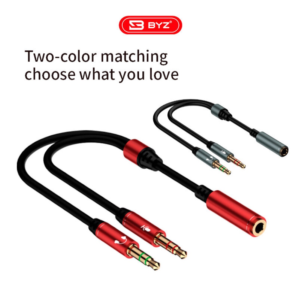 BYZ BC-022 3.5mm Male to Aux to Dual 3.5mm Female Audio Cable Adapter with Mic for Wired Earphones Mobile Phone - Red - Image 2