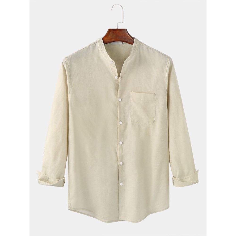 Mens Simple Stand Collar Solid Color Linen Long Sleeve Shirts With Pocket - White S