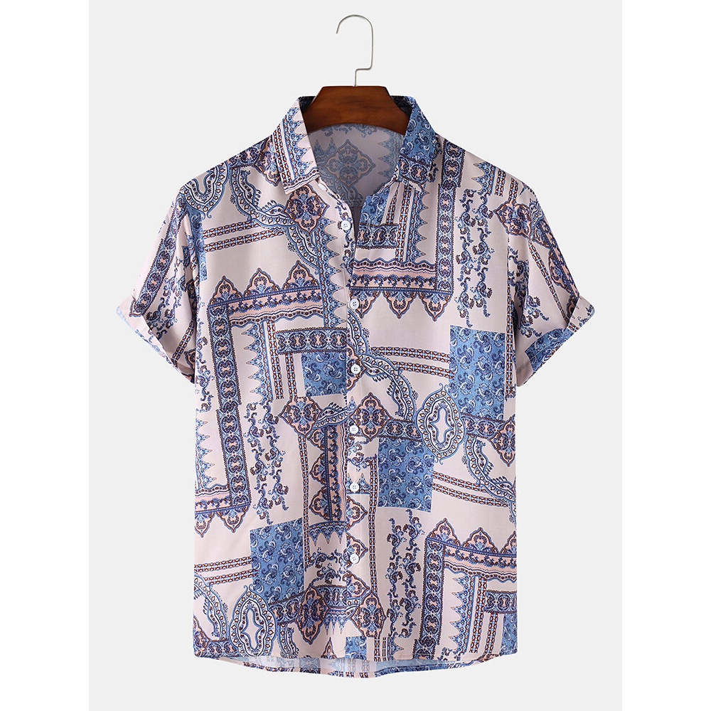 Mens Ethnic Tribal Print Light Loose Casual Short Sleeve Shirts - Beige 2XL