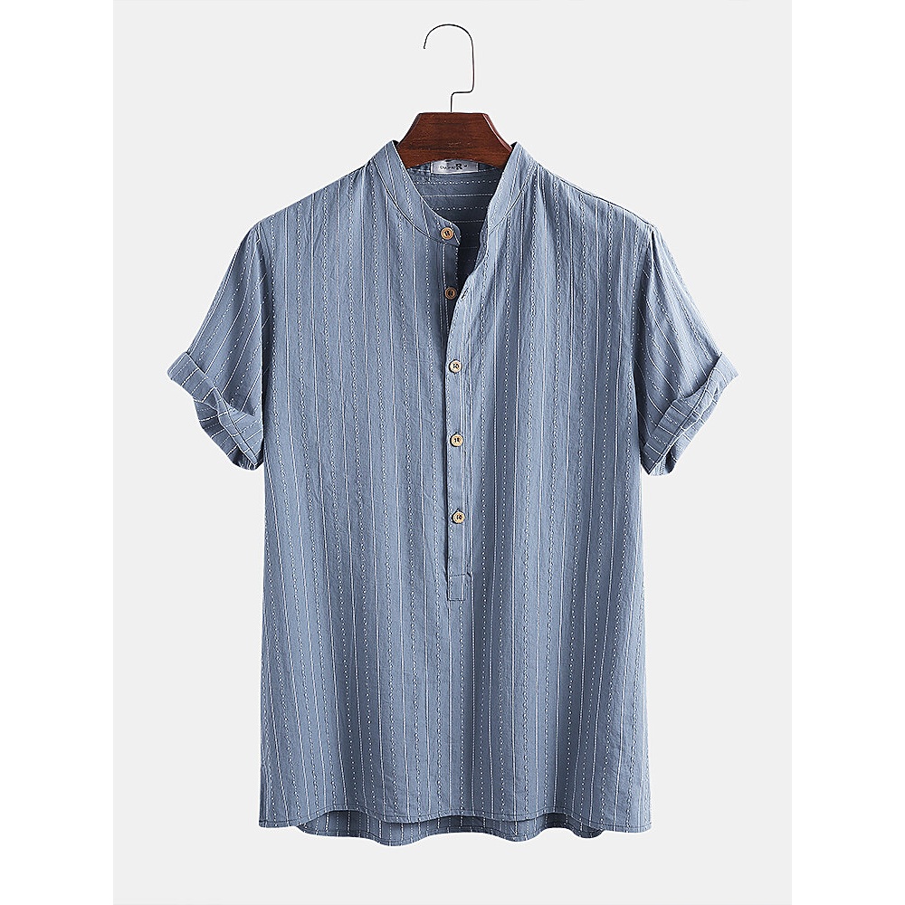 Mens 100% Cotton Striped Stand Collar Casual Short Sleeve Henley Shirts - Green M