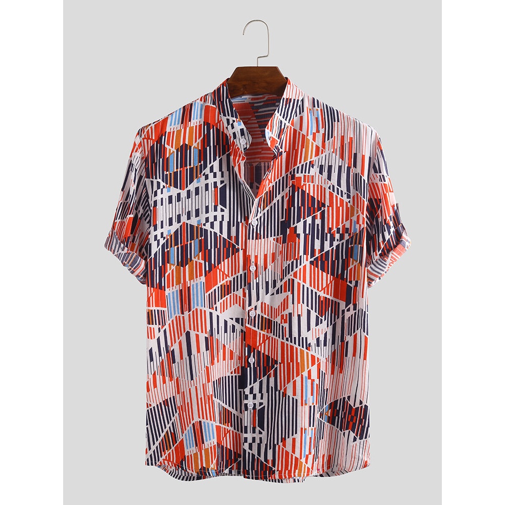 Mens Ethnic Style Stripe Printed Half Sleeve Casual Shirts - L Red
