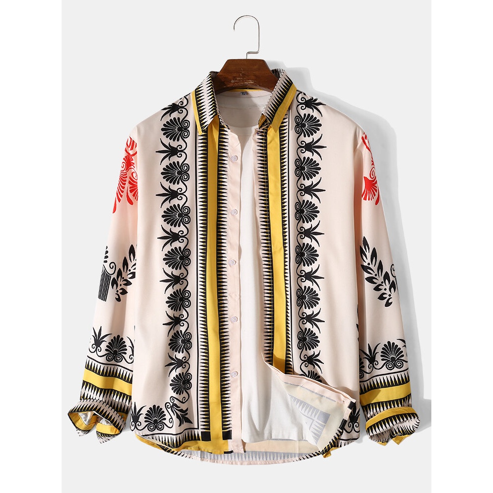 Men Ethnic Printed Curved Hem Flower Long Sleeve Casual Shirts - Apricot M