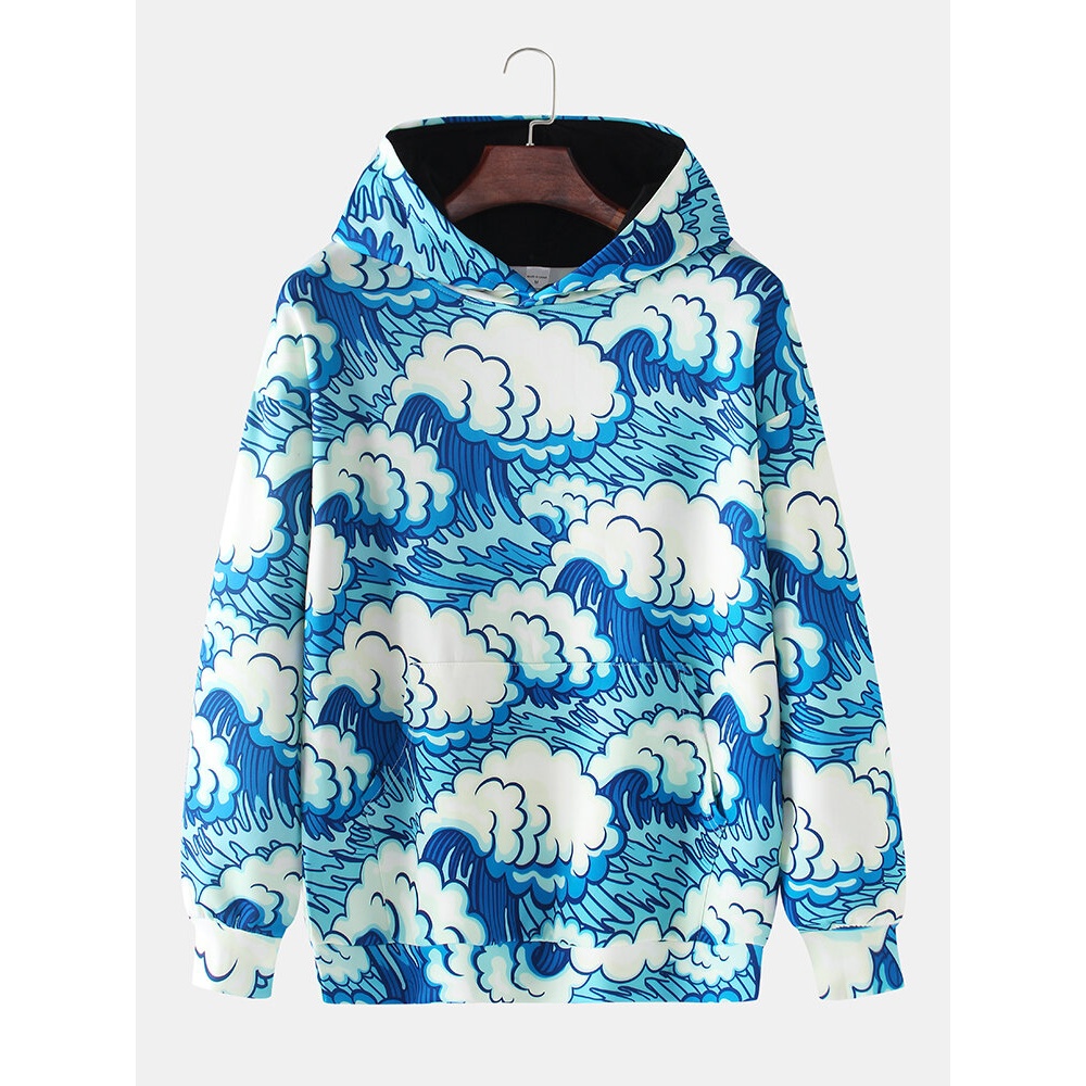 Mens Cartoon Carp Back Pattern Wave Print Kangaroo Pocket Long Sleeve Design Hoodies - Sky Blue XL