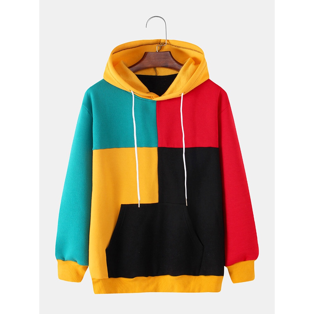 Mens Colorful Patchwork Kangaroo Pocket Long Sleeve Hoodies - Yellow S