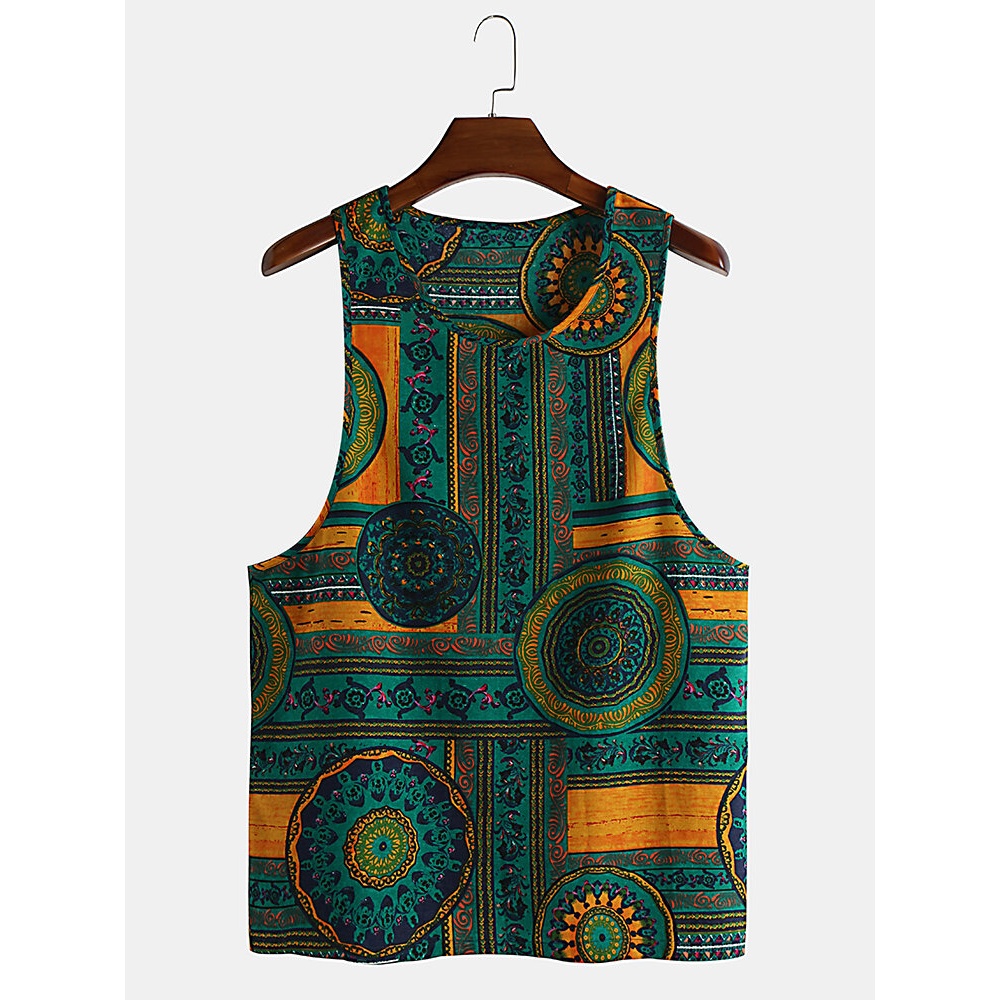 Mens 100% Cotton Summer Ethnic Floral Printed Sleeveless Casual Vest - XL Yellow
