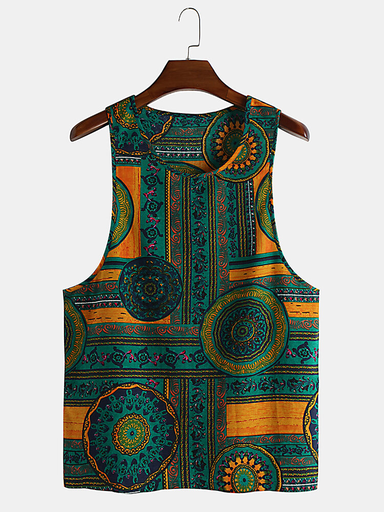 Mens 100% Cotton Summer Ethnic Floral Printed Sleeveless Casual Vest - XL Yellow