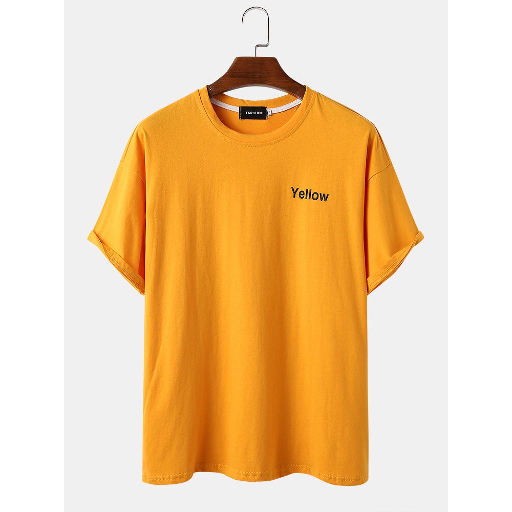 Mens Color Text Print Solid Color Short Sleeve Loose T-Shirts - Purple L