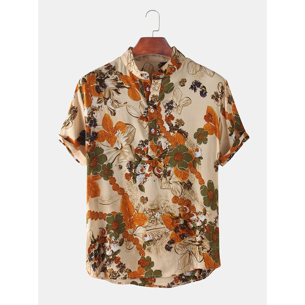 Mens Floral Printed Stand Collar Holiday Casual Short Sleeve Henley Shirts - Beige S