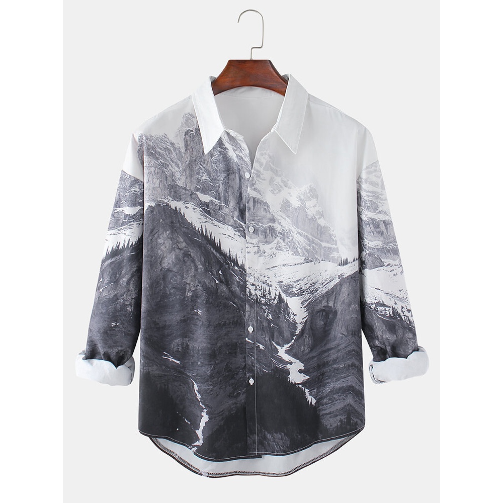 Mens Cotton Scenery Print Lapel Curved Hem Long Sleeve Shirts - M White