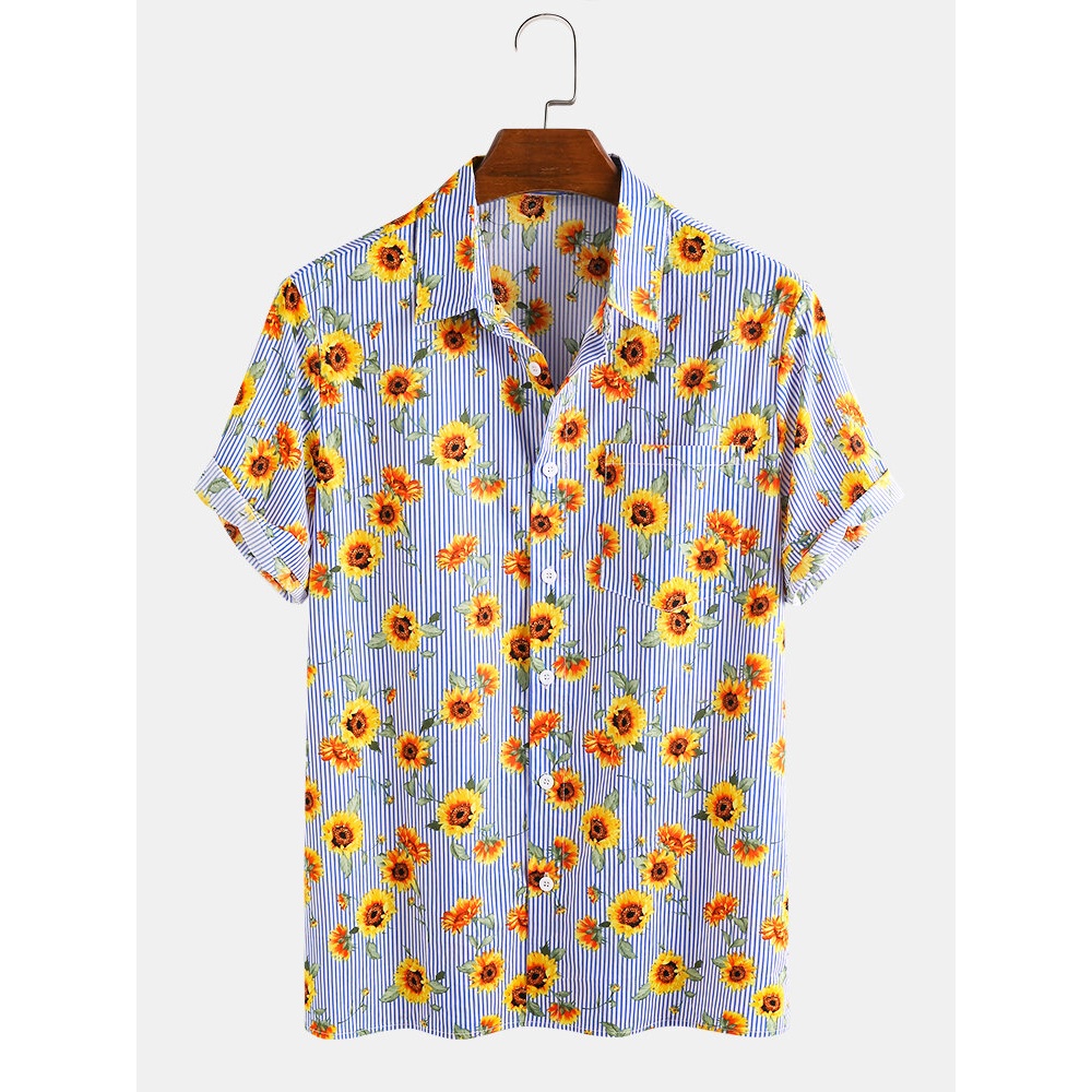 Cotton Sunflower Printed Striped Casual Short Sleeve Hawaii Holiday Shirts For Men Women - Black L