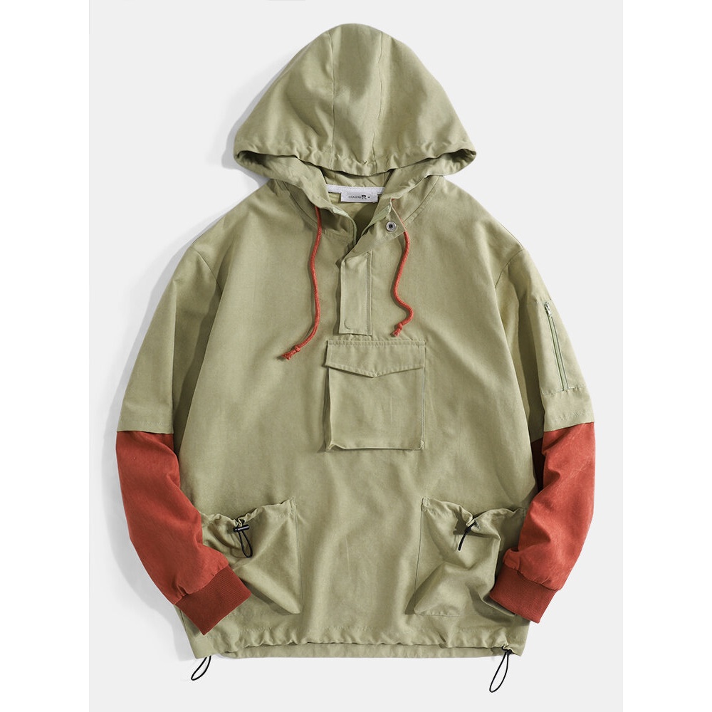 Mens Pockets Detail Contrast Color Half Zipper Hoodie Portable Windbreaker Jacket - Green S