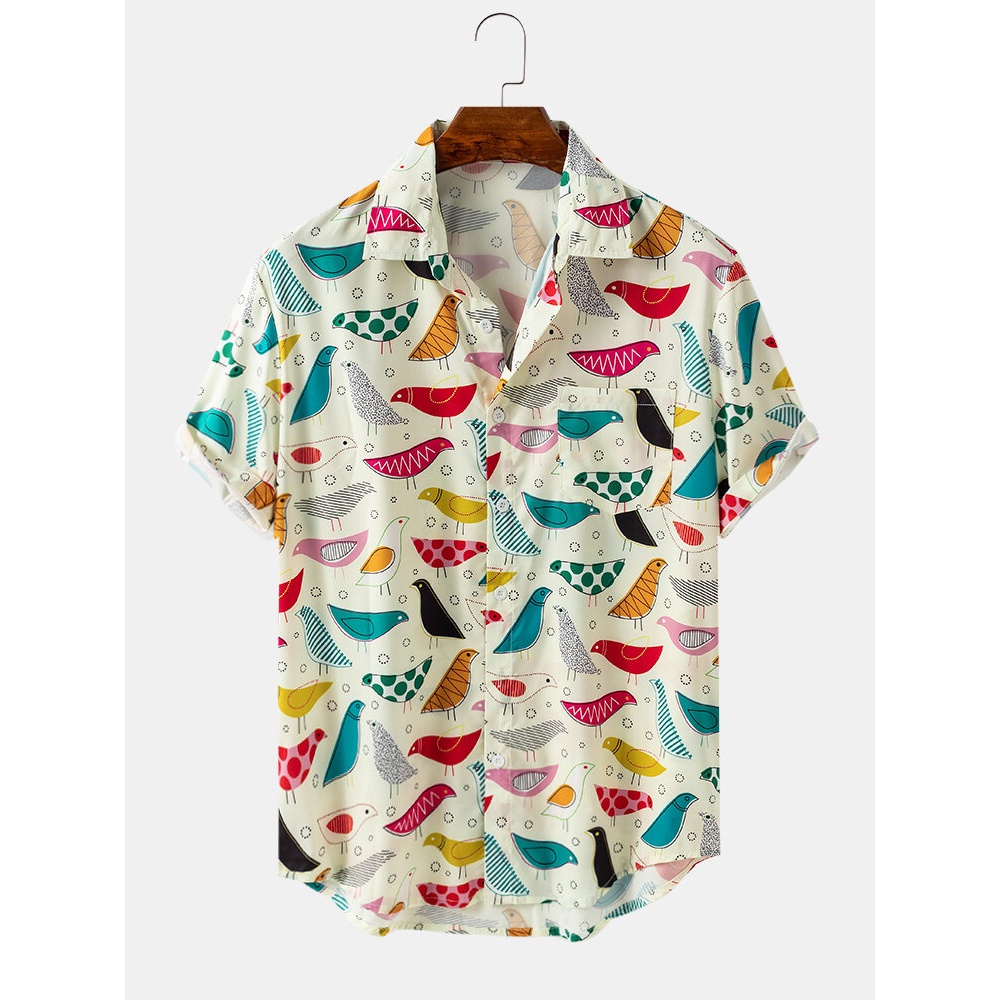Mens Cartoon Bird Print Turn Down Collar Short Sleeve Shirts - Yellow 2XL