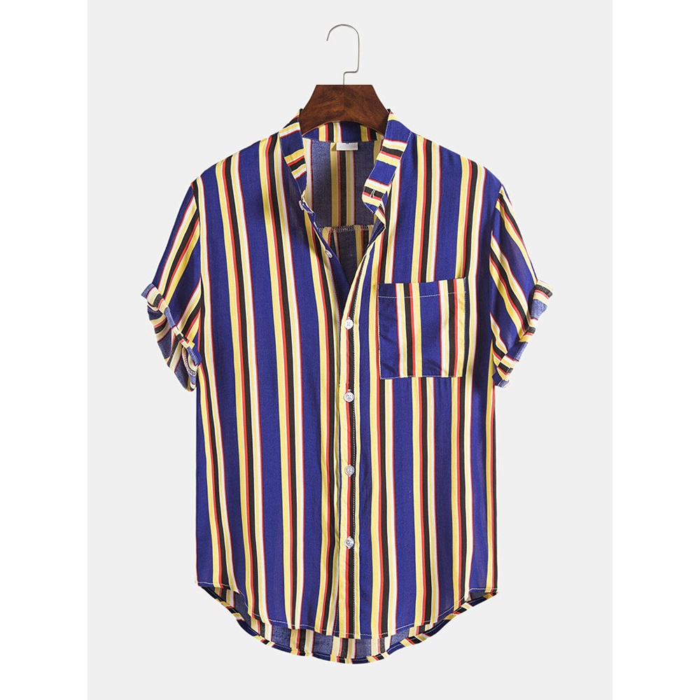 Mens Breathable Colorful Vertical Stripe Short Sleeve Shirts - Purple S