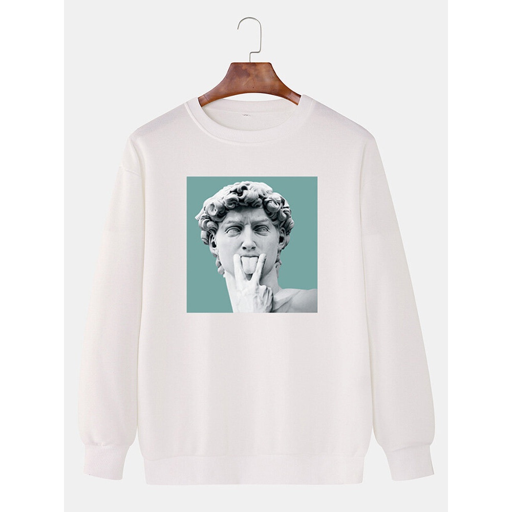 Funny David Statue Print Cotton Pullover Long Sleeve Drop Shoulder Sweatshirts For Men - Yellow S