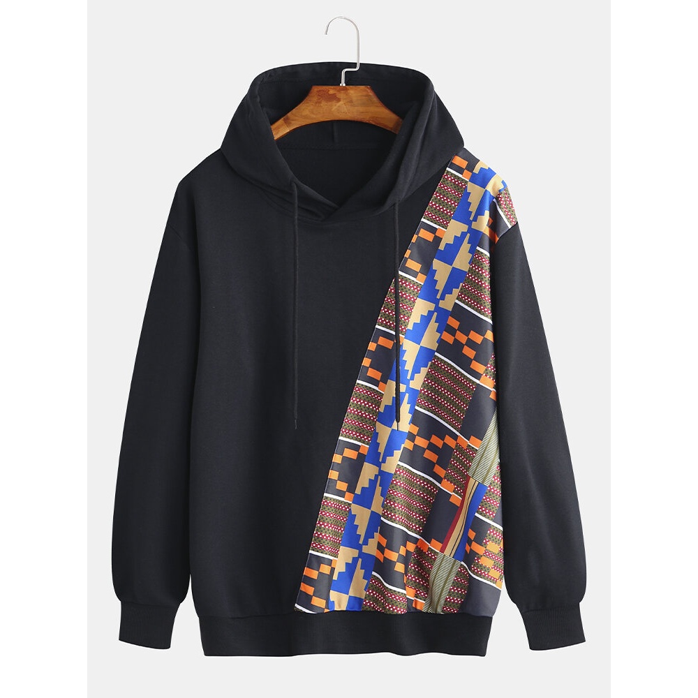 Mens Fashion Pattern Printing Hooded Drawstring Long Sleeve Casual Sweatshirt - 3XL Black