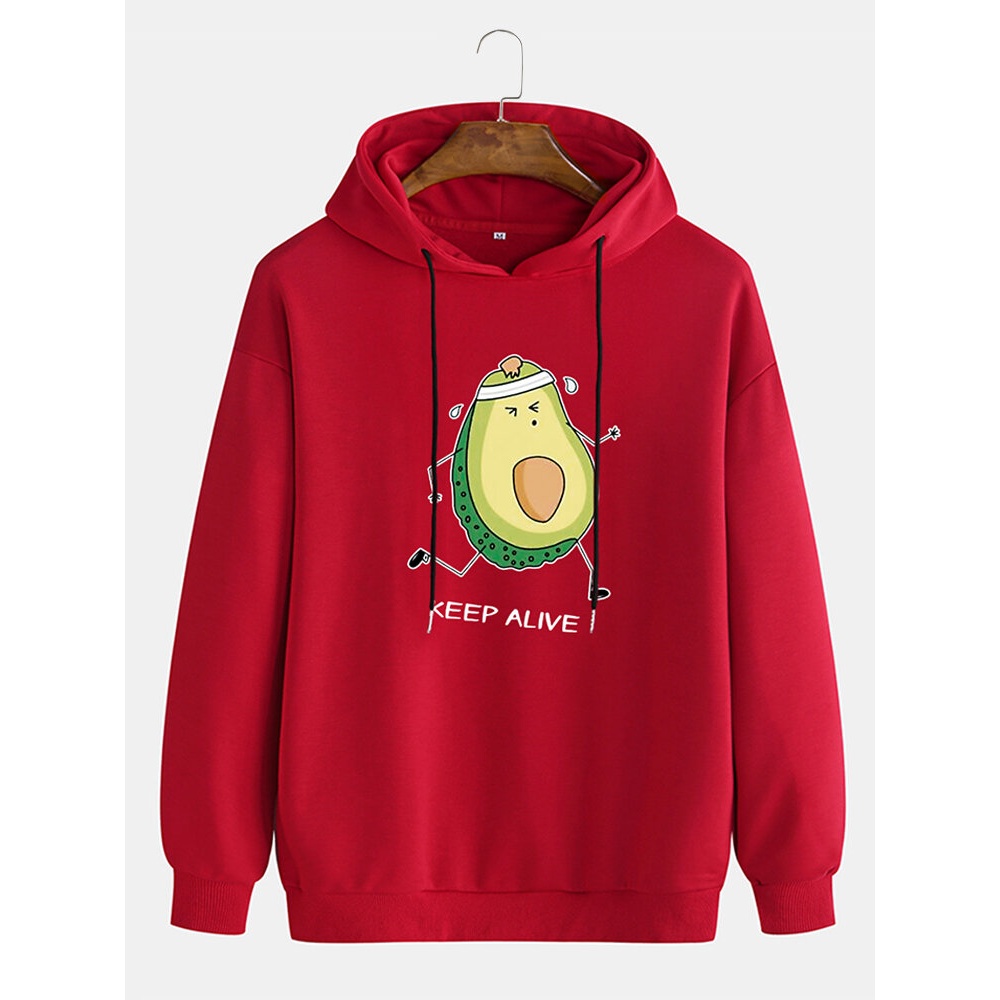 Mens Cotton Funny Cartoon Avocado Print Long Sleeve Casual Drawstring Hoodies - Black S