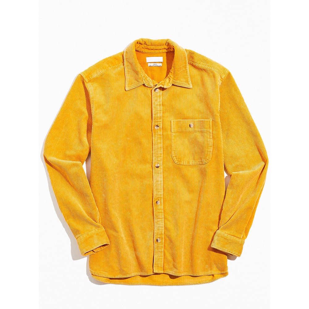 Mens Corduroy Solid Color Lapel Long Sleeve Shirts With Pocket - Yellow S