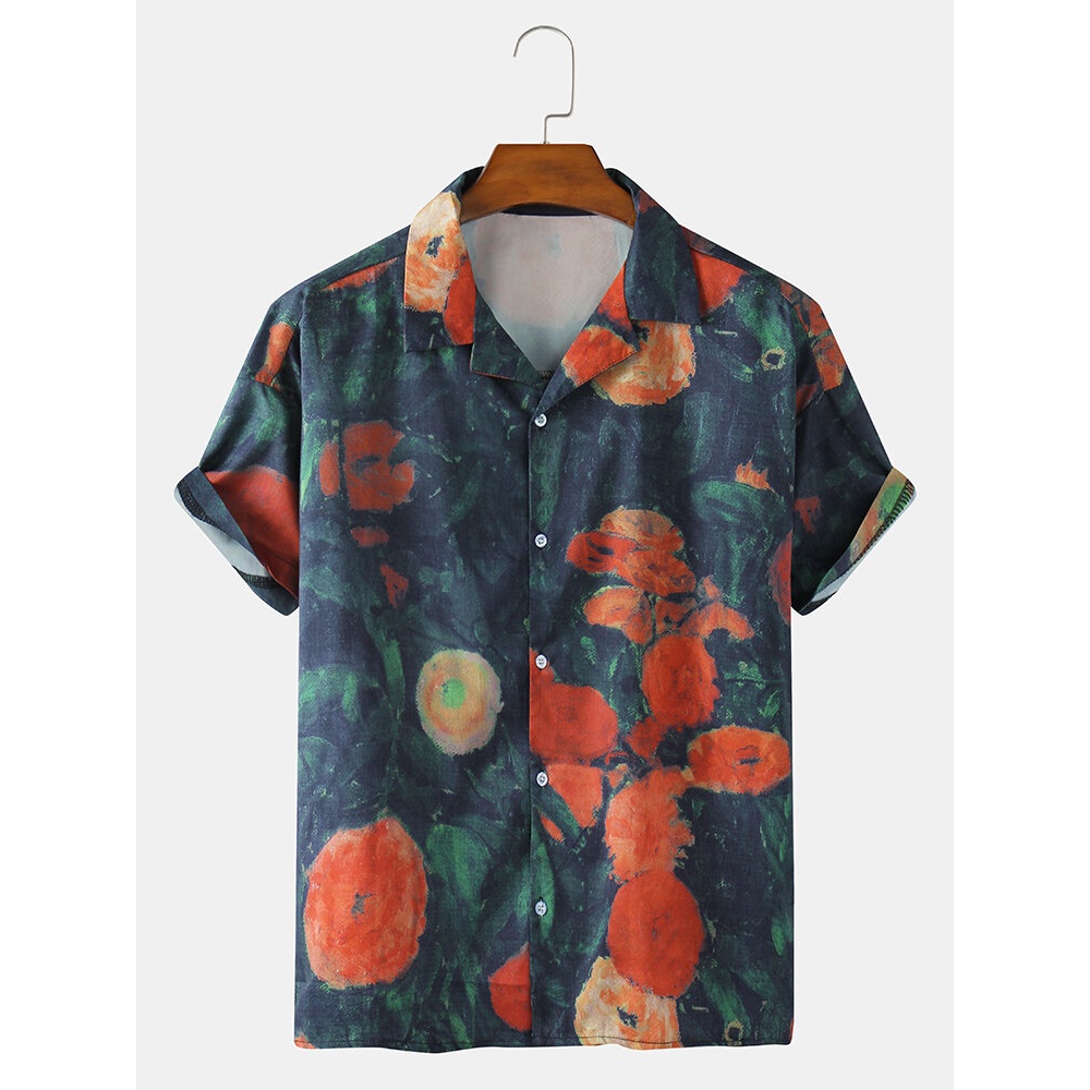 Mens Oil Painting Print Revere Collar Short Sleeve Vintage Shirts - Colorful 2XL