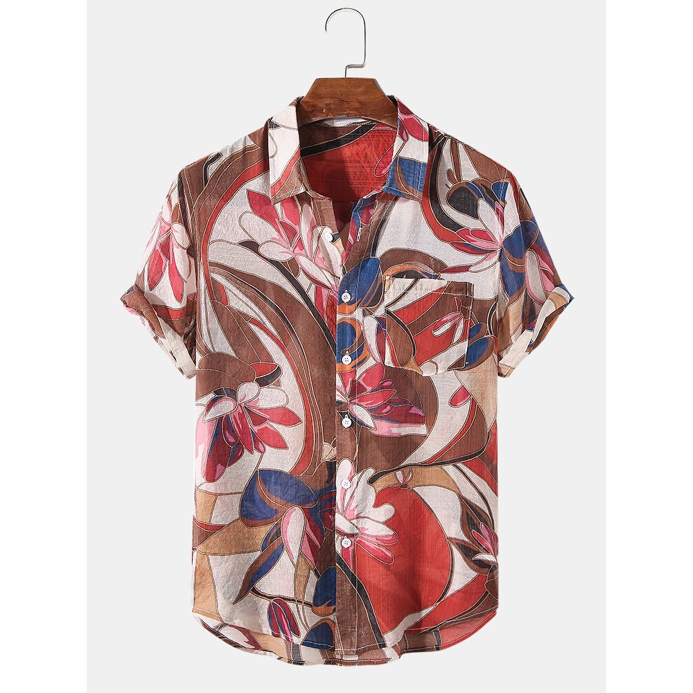 Mens Holiday Floral Plants Print Lapel Casual Short Sleeve Shirts - Green S