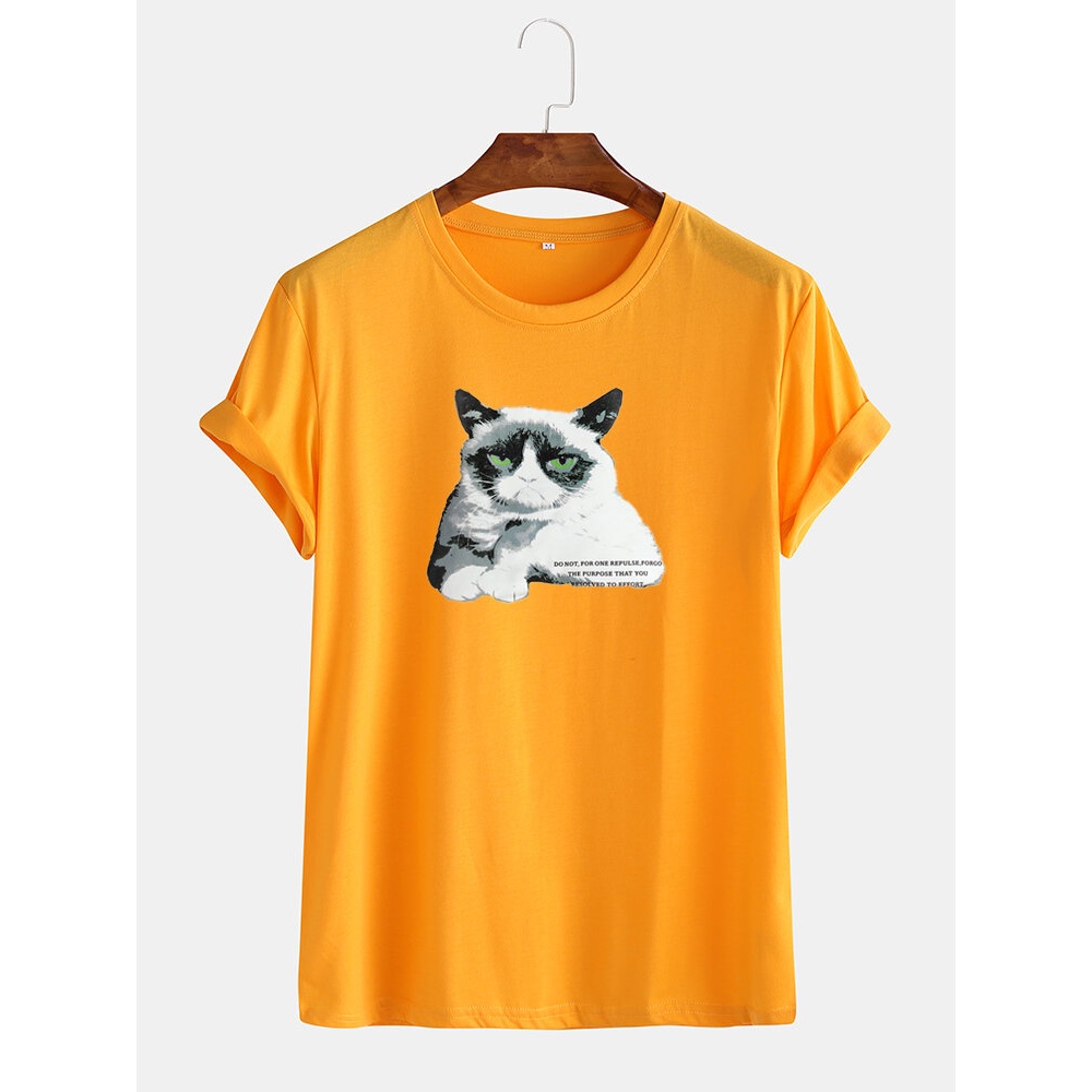Mens Breathable Cat Graphic License Cotton Round Neck Casual T-Shirts - Yellow M