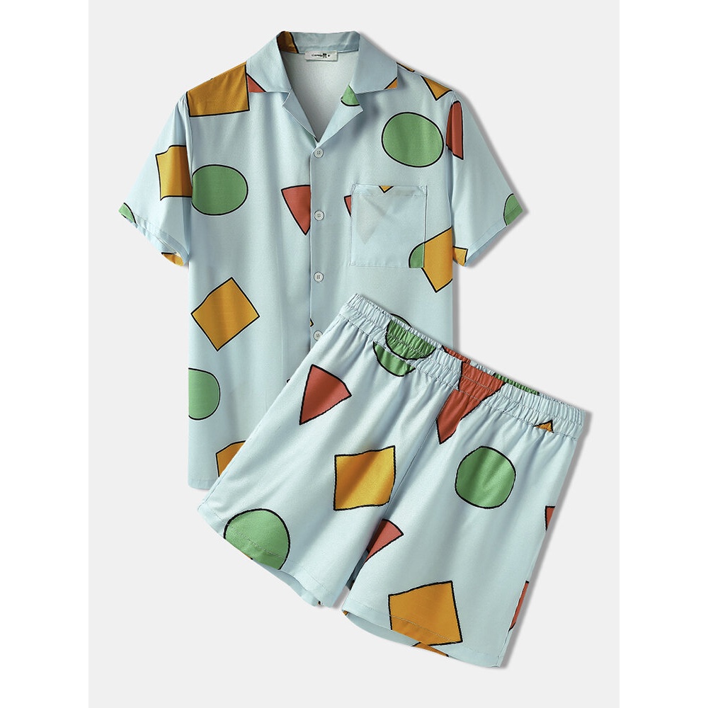 Mens Geometric Pattern Button Up Soft Loose Cozy Daily Pajama Set - Blue M