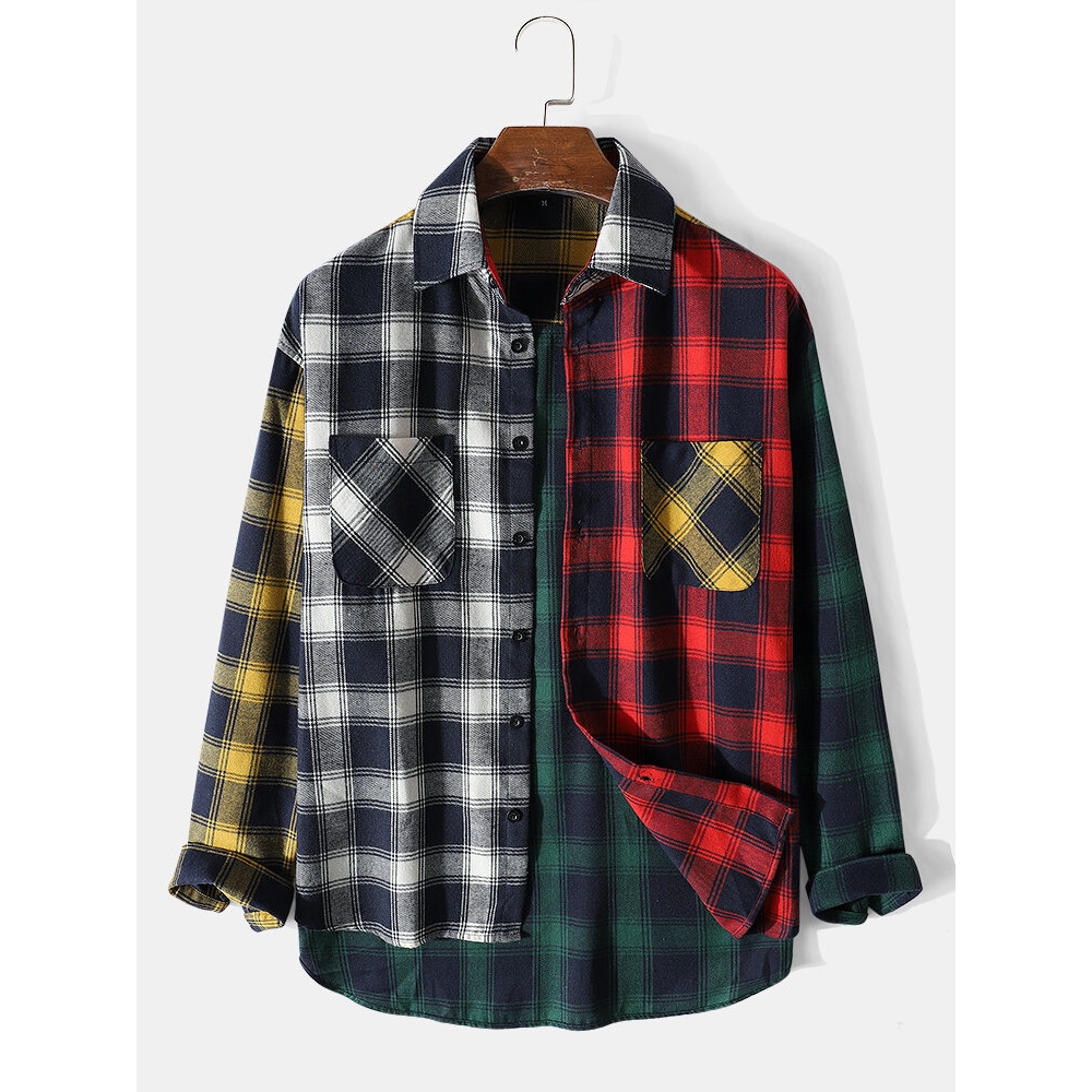 Mens Patchwork Plaid Double Pocket High-Low Hem Long Sleeve Shirts - Black L
