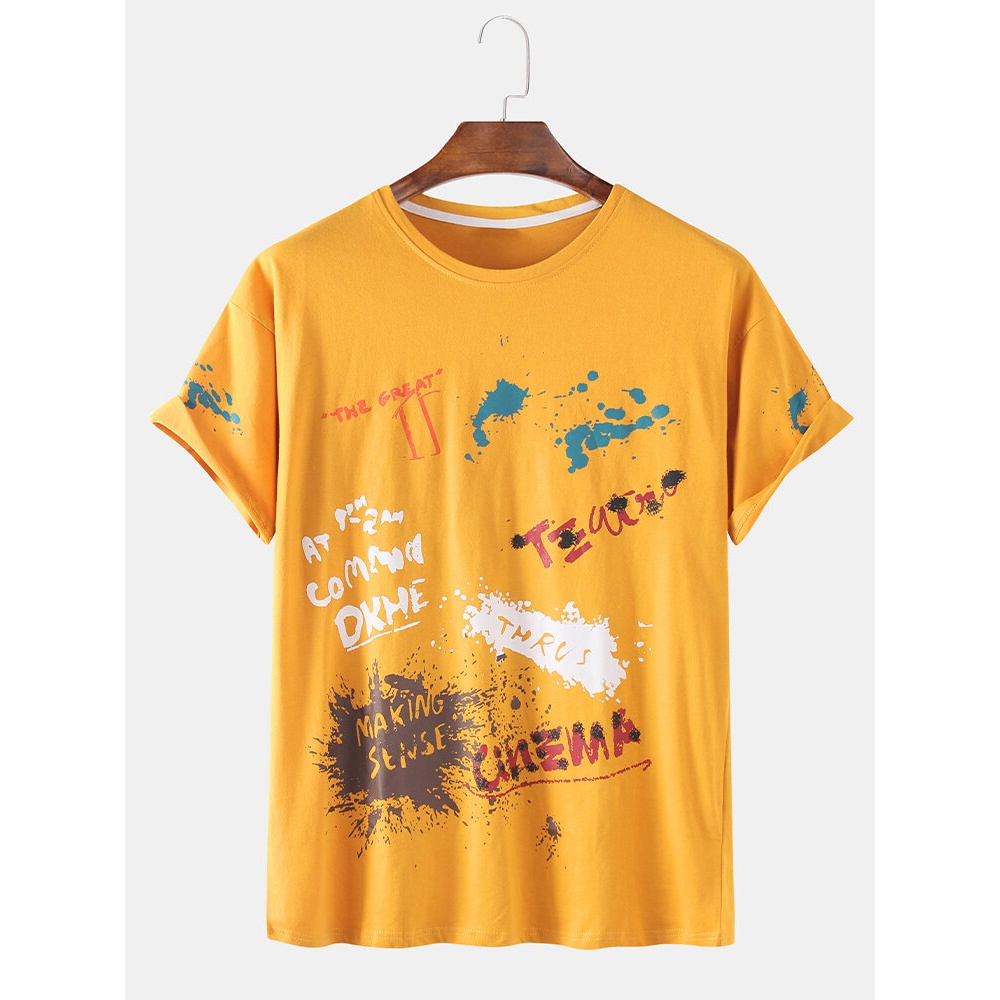 Mens Designer Graffiti Print Loose Shorts Sleeve Crew Neck Casual T-Shirts - Black L