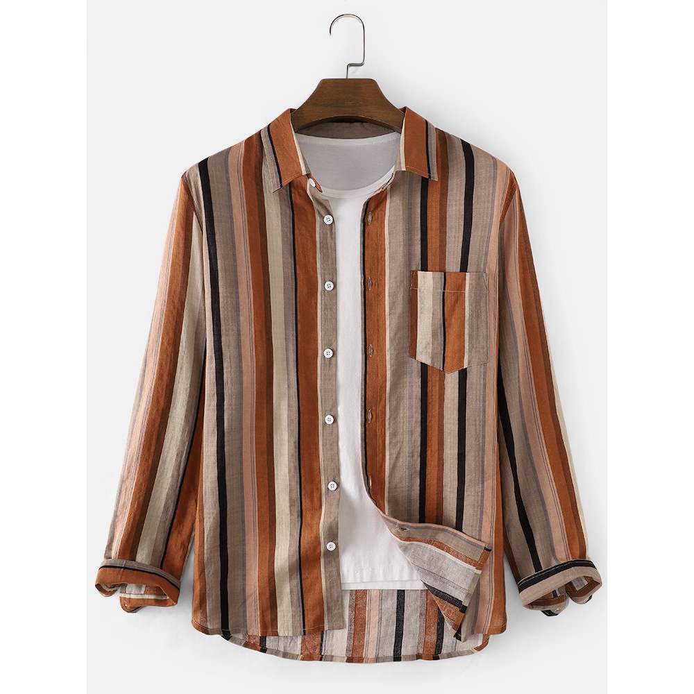Colorful Stripe Lapel Collar Pocket Long Sleeve Cotton Breathable Shirts - Light Brown S