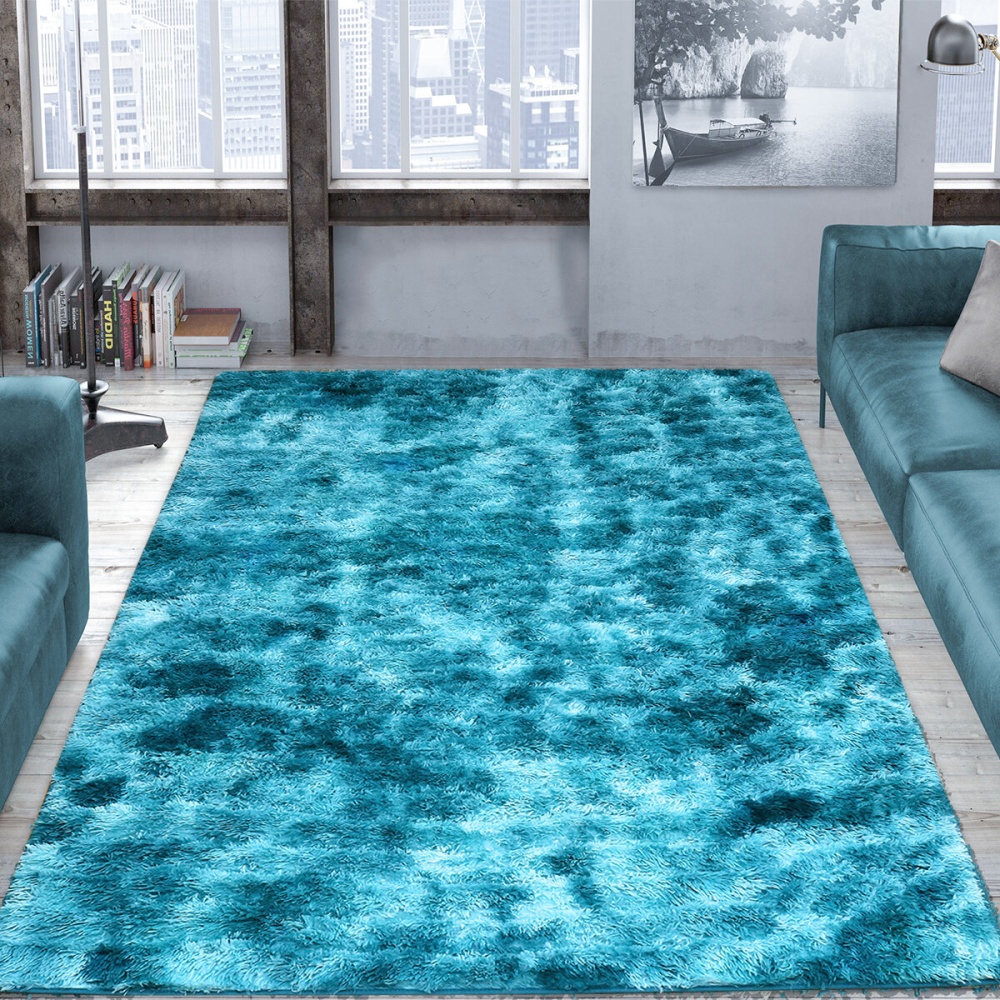 PV Velvet Blue Green Variegated Tie-dye Carpet Long Hair Gradient Floor Mat Eco-friendly Washable Anti-skid Bedside Carpet - 80*200cm - Image 2