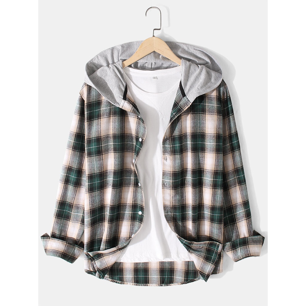 Mens Vintage Plaid Print Long Sleeve Cotton Patchwork Hooded Shirts - XL Black