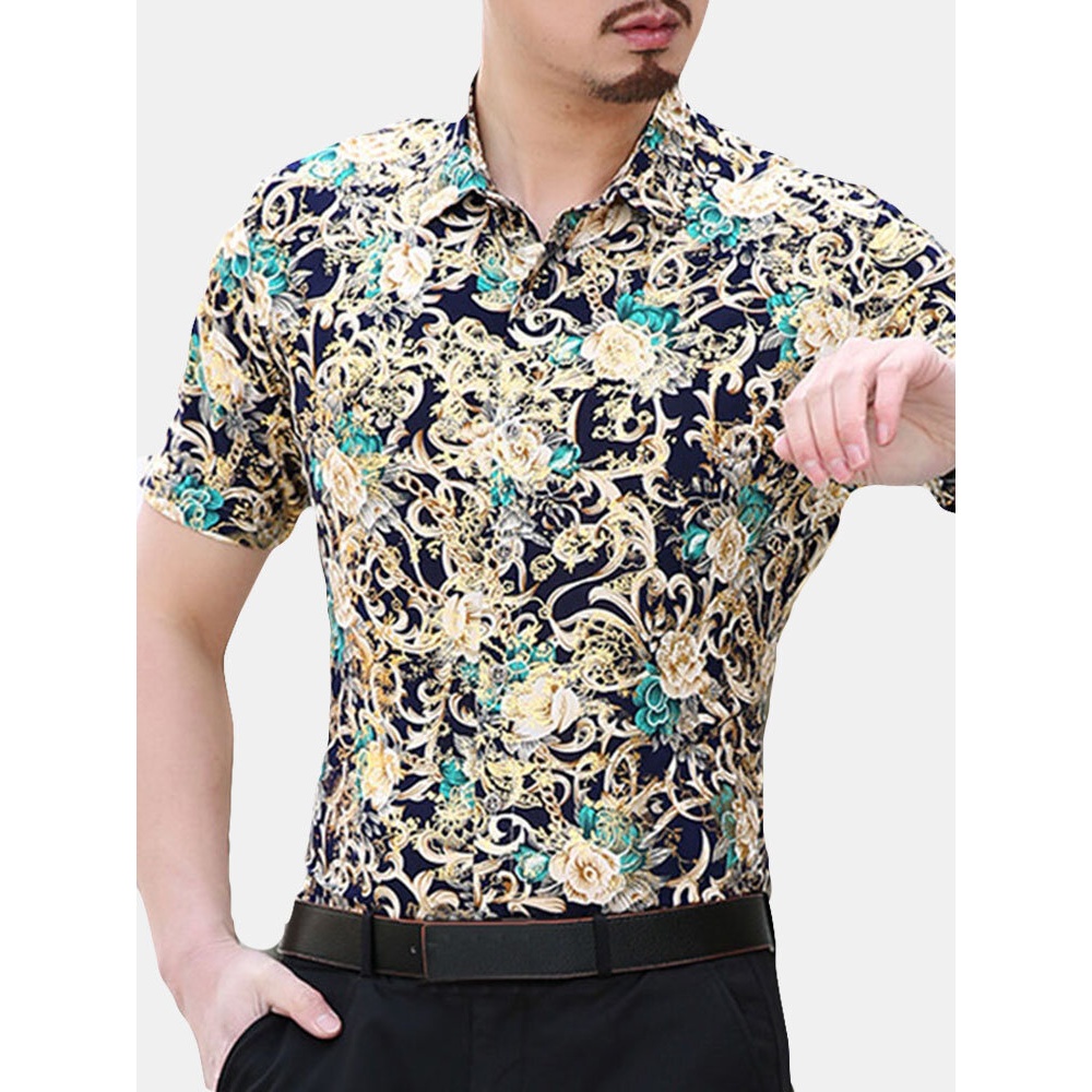Men Summer Short-sleeved Floral Printing Shirts - M Red