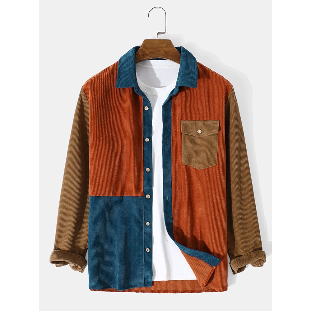 Mens Splicing Corduroy Button Color Block Casual Shirt - Orange S