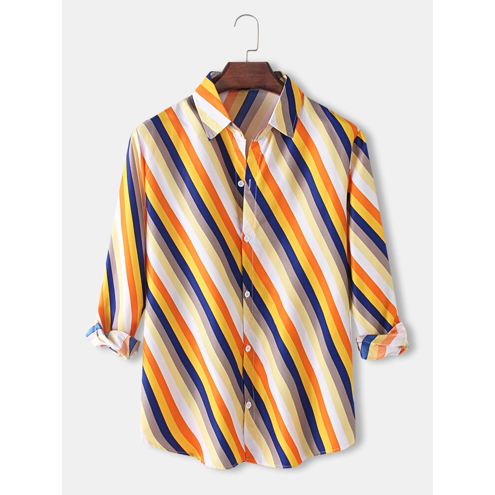 Mens Design Diagonal Stripe Lapel Casual Long Sleeve Shirts - Red M