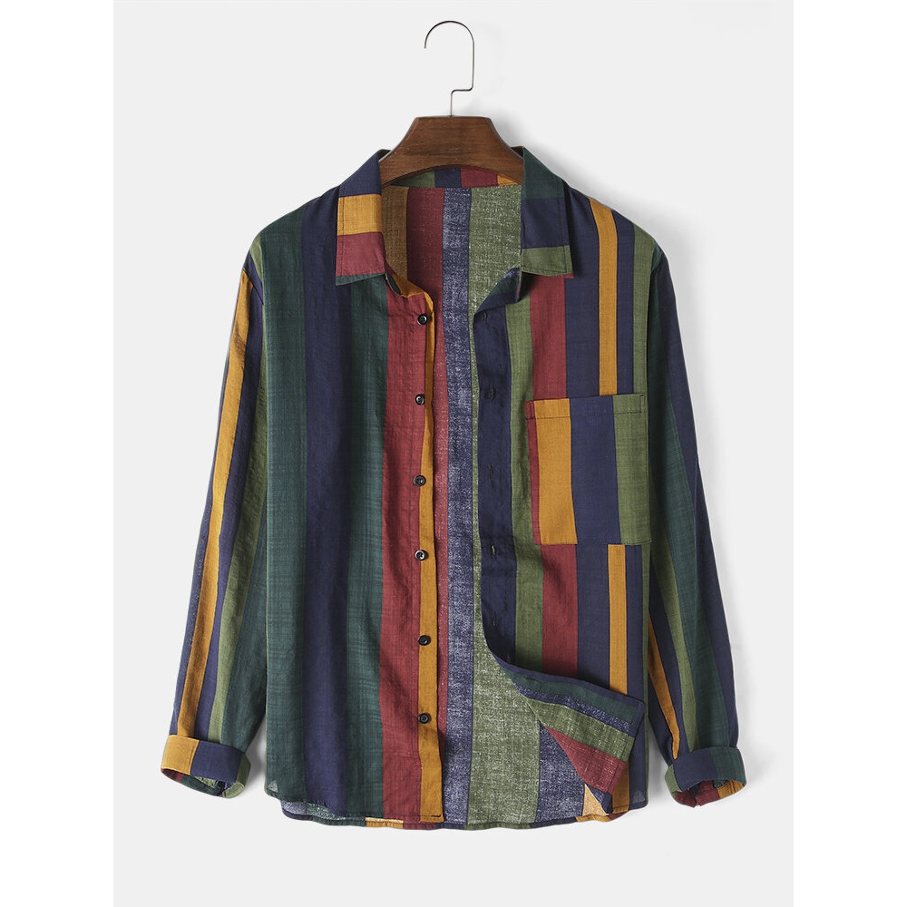 Mens 100% Cotton Colorful Stripe Patch Pocket Breathable Long Sleeve Shirts - Green M