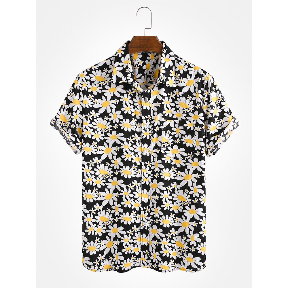Cotton Daisy Splash Floral Printing Patch Pocket Breathable Casual Holiday Shirts - Green XL