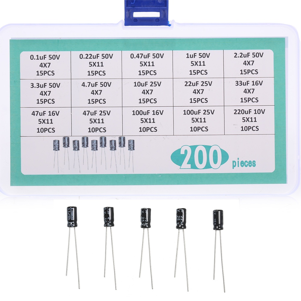 200 Pcs/set 15 Value Electrolytic Capacitor Assortment Box Kit Range 0.1uf-220uf White - Image 2