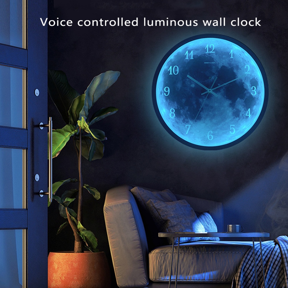 Metal Moon Pattern Background Voice Control Led Luminous Wall Clock Silent Movement Modern Minimalist Style Living Room Bedroom Decor White - Image 2