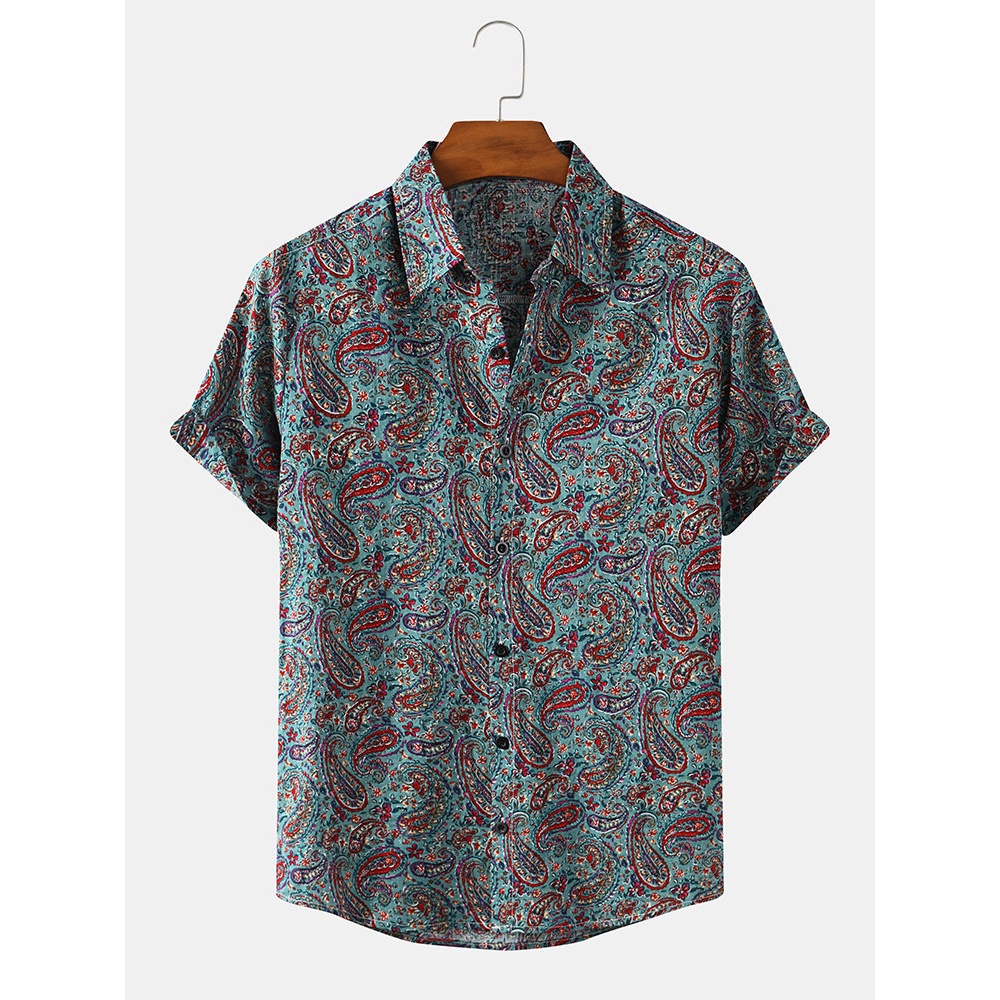Mens Ethnic Paisley Print Short Vintage Sleeve Lapel Collar Cotton Shirts - Colorful S