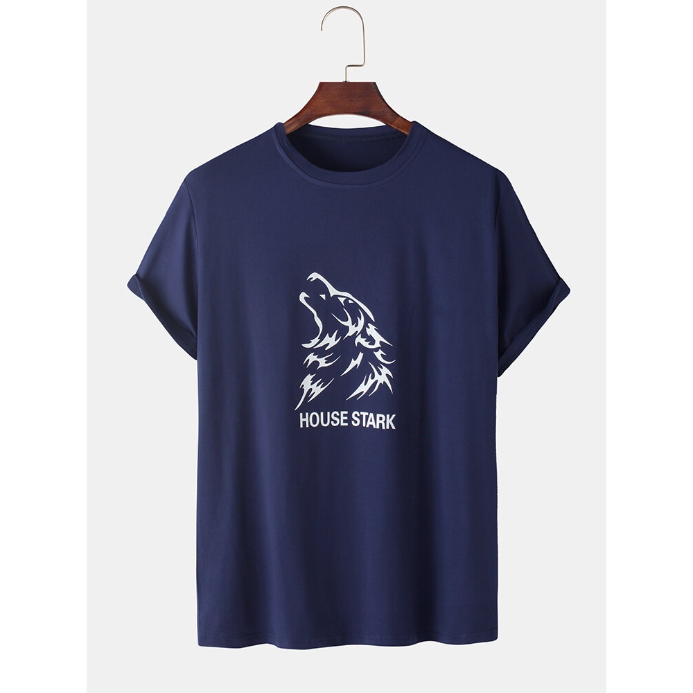 Cotton Animal Pattern Letter Print Short Sleeve Navy T-Shirts - Navy M