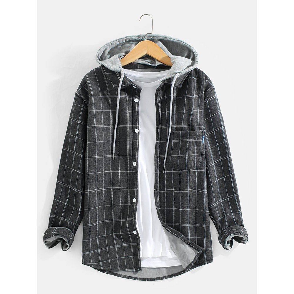 Mens Plaid Warm Long Sleeve Thick Hooded Shirts With Pocket - Grey M