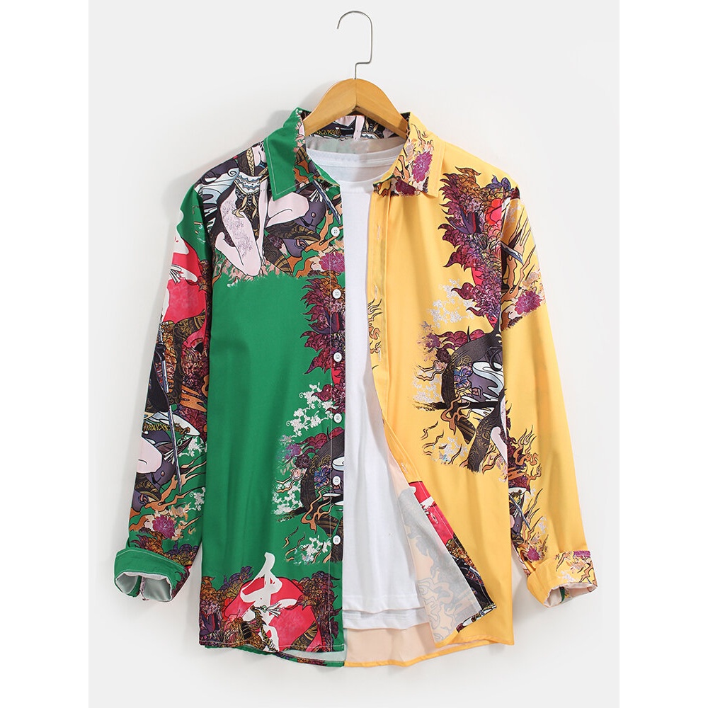 Mens Contrast Patchwork National Style Printing Lapel Collar Long Sleeve Shirts - Green S