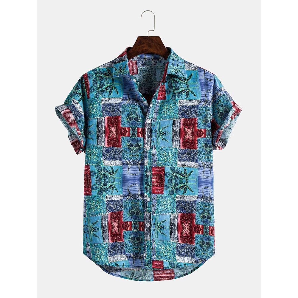 Banggood Special Offers Ethnic Style Floral Print Button Up Vintage Short Sleeve Shirts - Green L