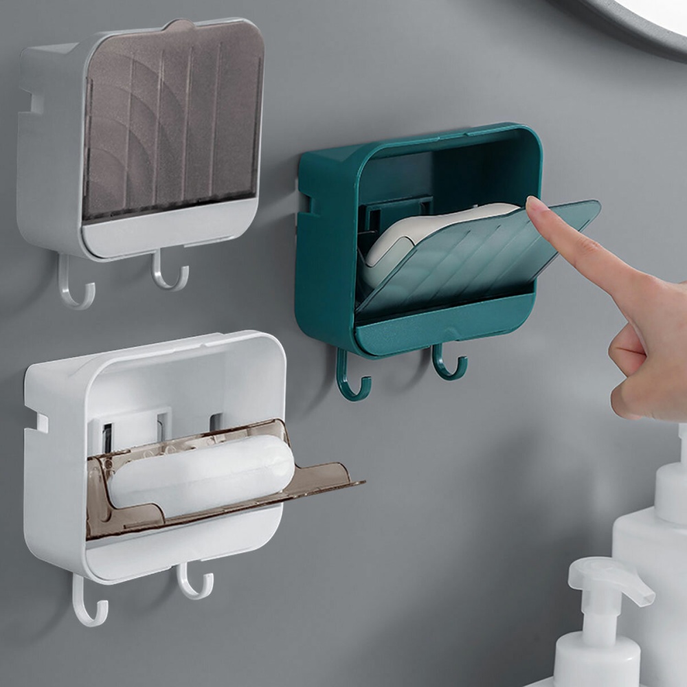 Wall Mounted Soap Box Punch-free Flip-top Creative Drain Soap Dish Waterproof Moisture-proof Strong Non-marking Soap Holder - Green - Image 2