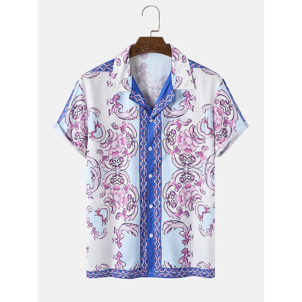 Mens Revere Collar Baroque Print Pocket Lapel Regular Hem Shirt - Sky Blue S