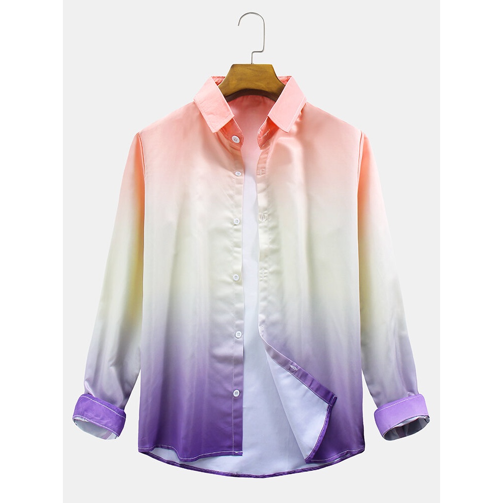 Design Solid Color Gradient Print Lapel Collar Long Sleeve Casual Shirts - Yellow S