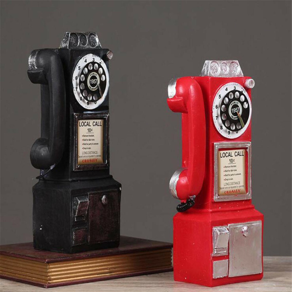 30cm Black Vintage Rotary Dial Telephone Statue Model Phone Booth Figurine Decorations - Black - Image 2